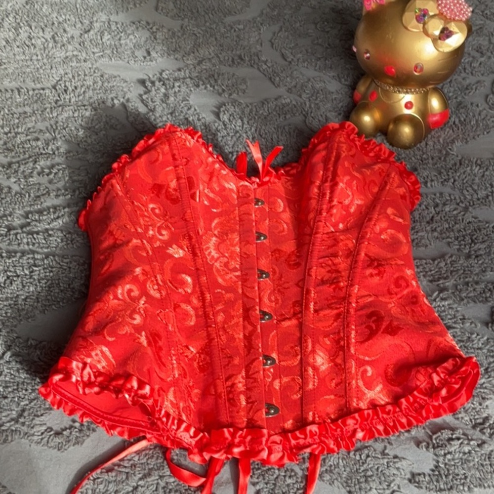 Red Satin brocade CORSET, Lisa is down the back size small. Perfect condition.